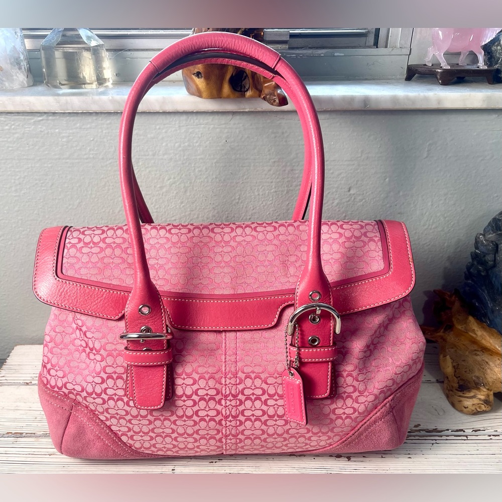Coach Vtg 2004 Y2K RARE Hampton SoHo Micro C Monogram Pink Suede Flap Satchel